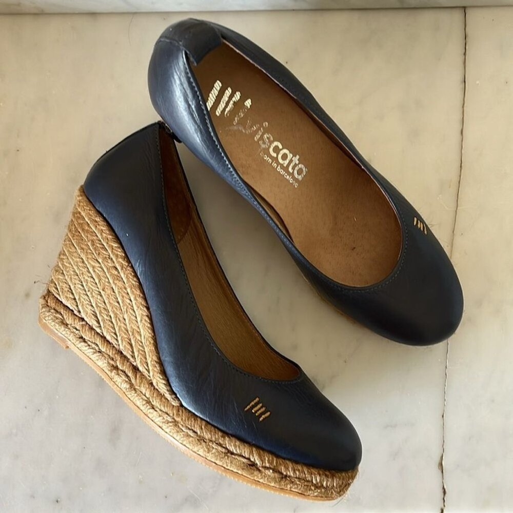 Viscata Women's Navy Blue Leather Espadrille Slip-On Wedges